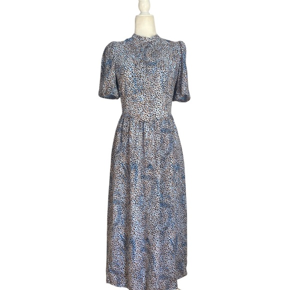 Whistles Blair Puff Sleeve Dress Women's Blue Midi Feminine Open Back Bow - Picture 10 of 13